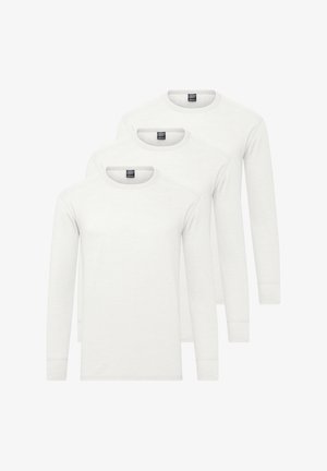 Three long-sleeve T-shirts in white, made of cotton, featuring crew necklines and ribbed cuffs. Simple design with no patterns or accents.