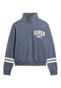 Sweat-shirt bleu avec un col haut, demi-zip, inscription "SUPER DRY" à l'avant, et accents rayés blancs sur les manches. En tissu mélangé coton.