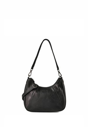 Schwarze Leder-Schultertasche mit gebogenem oberen Reißverschluss, verstellbarem Umhängeriemen und kurzem Tragegriff.