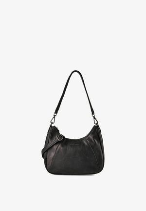 Schwarze Leder-Schultertasche mit gebogenem oberen Reißverschluss, verstellbarem Umhängeriemen und kurzem Tragegriff.