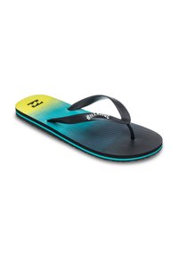 Sorte og gule gradient flip-flops med en tekstureret sål, sorte gummistropper og en kontrastfarvet turkis ydersål. Har logo-detaljer.