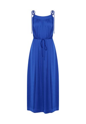 Rochie maxi albastră dintr-un material neted, cu bretele reglabile, un decolteu pliat și o talie cu șnur pentru o potrivire confortabilă.