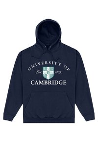 Felpa con cappuccio blu navy con tasca frontale, caratterizzata da un testo bianco che recita "Università di Cambridge" e un disegno di uno stemma verde sotto.