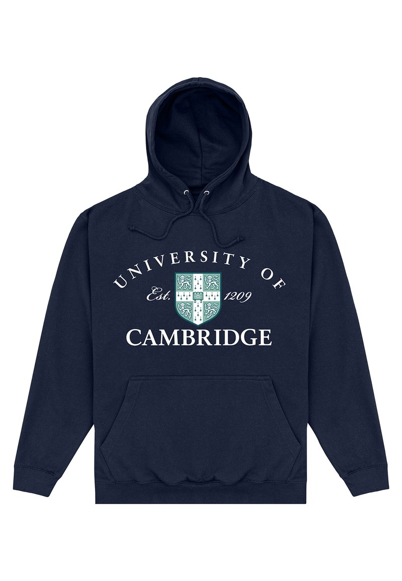 Felpa con cappuccio blu navy con tasca frontale, caratterizzata da un testo bianco che recita "Università di Cambridge" e un disegno di uno stemma verde sotto.