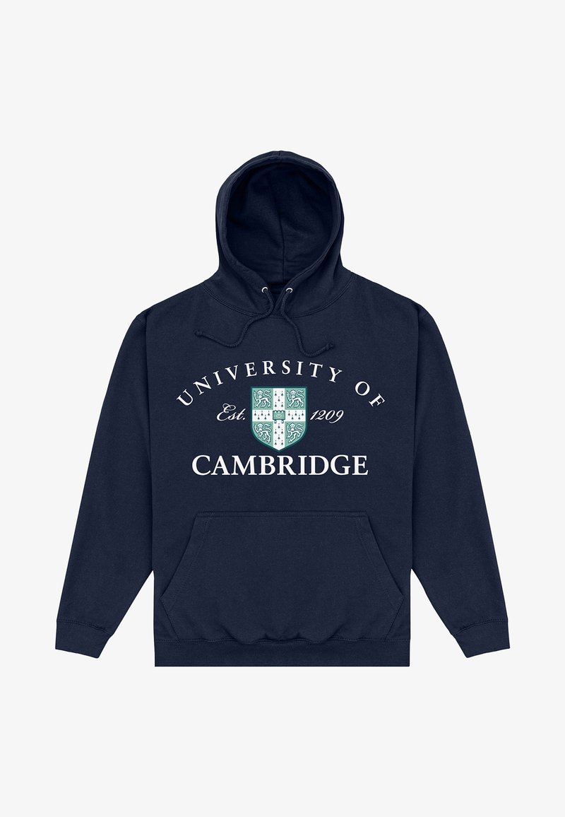 Felpa con cappuccio blu navy con tasca frontale, caratterizzata da un testo bianco che recita "Università di Cambridge" e un disegno di uno stemma verde sotto.