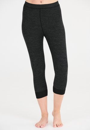 Svarta capri leggings tillverkade av texturerad tyg med en figurnära design, med en enfärgad svart mudd vid fållen och en slät midja.