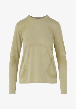 Light beige long-sleeve shirt with textured athletic fabric, featuring mesh accents and a logo on the chest. Tailored fit and rounded neckline.