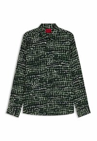 Camicia a maniche lunghe verde e nera con motivo a griglia, chiusura con bottoni e colletto. Il tessuto appare liscio con una leggera lucentezza.