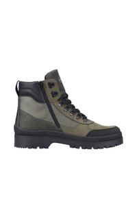 Scarpa da trekking in verde scuro e nero, con materiali in pelle e mesh, lacci in evidenza, cerniera laterale e suola robusta per una migliore aderenza.