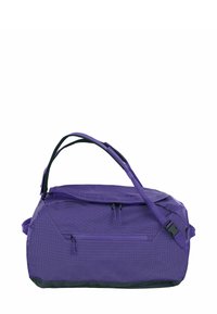 Borsa da viaggio viola con dettagli neri, dotata di scomparto principale con cerniera, tasca laterale e tracolla regolabile. Tessuto strutturato.