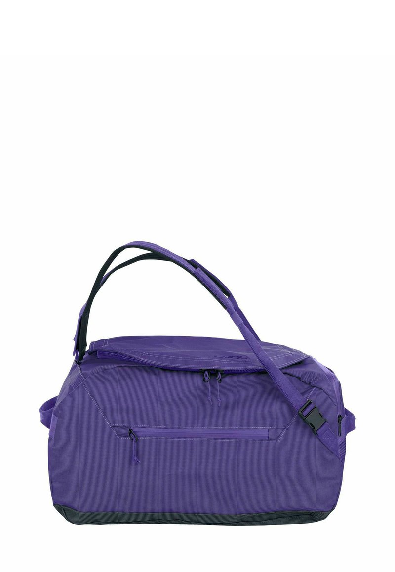 Borsa da viaggio viola con dettagli neri, dotata di scomparto principale con cerniera, tasca laterale e tracolla regolabile. Tessuto strutturato.