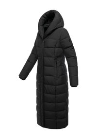 Čierna zateplená bunda s dlhou, prehnanou kapucňou, prešívaným dizajnom, vreckami na zips a štíhlym strihom. Vyrobená z syntetického materiálu.