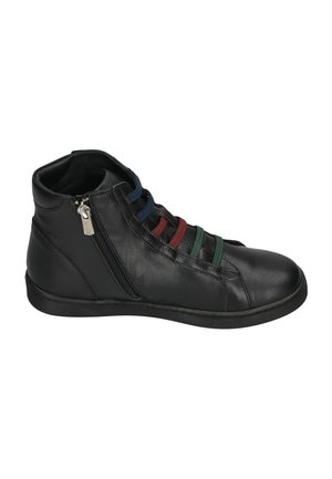 Black high-top leather sneaker with side zipper and elastic multicolored (blue, red, green) lace bands for easy fastening.