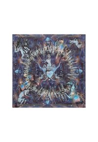 Stampa artistica con uno sfondo di galassia dai profondi toni blu e viola, arricchita da illustrazioni intricate di leoni e unicorni, con elementi di esplosione di stelle.