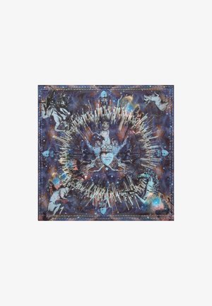 Impression artistique mettant en scène un fond de galaxie en bleu profond et violet, avec des illustrations détaillées de lions et de licornes, rayonnant des éléments d'explosion d'étoiles.