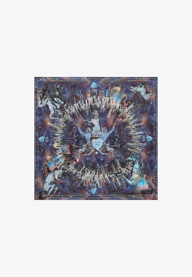 Impression artistique mettant en scène un fond de galaxie en bleu profond et violet, avec des illustrations détaillées de lions et de licornes, rayonnant des éléments d'explosion d'étoiles.