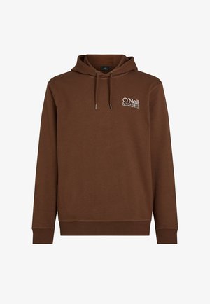 Brown sweatshirt with a hood, featuring a white logo on the upper left. Made from soft fabric with ribbed cuffs and hem.