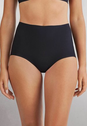 Zwarte high-waisted bikini briefs van glad rekbaar materiaal, met een naadloos ontwerp en gemiddelde bedekking.