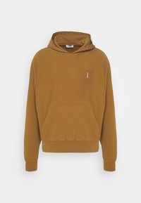 Felpa con cappuccio di cotone marrone con tasca frontale, cappuccio con cordoncino, polsini a costine e piccolo logo bianco sul petto. Design semplice e dalla vestibilità comoda.