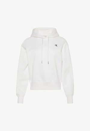 Sudadera blanca de algodón con capucha y cordones, que presenta un pequeño logotipo negro bordado en el pecho y puños y dobladillo acanalados.