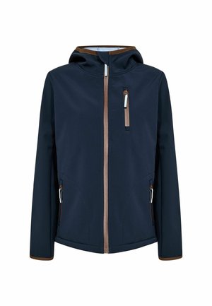 Jachetă softshell cu glugă, de culoare albastru marin, cu margini și fermoar maro, având trei buzunare cu fermoar în față.