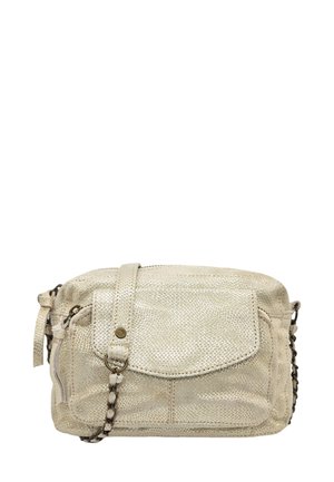 Sac bandoulière métallisé doré avec finition texturée. Comprend une poche avant à rabat, une fermeture éclair et une chaîne pour une longueur réglable.