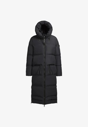 Zwarte gewatteerde lange jas met een capuchon, beschikt over een volledige rits aan de voorkant, trekkoordaccenten en zijzakken, gemaakt van gestructureerde stof.