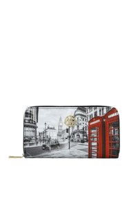 Portafoglio nero con design della città di Londra in bianco e nero, con cabine telefoniche rosse e un accento di logo dorato. Chiusura con zip.