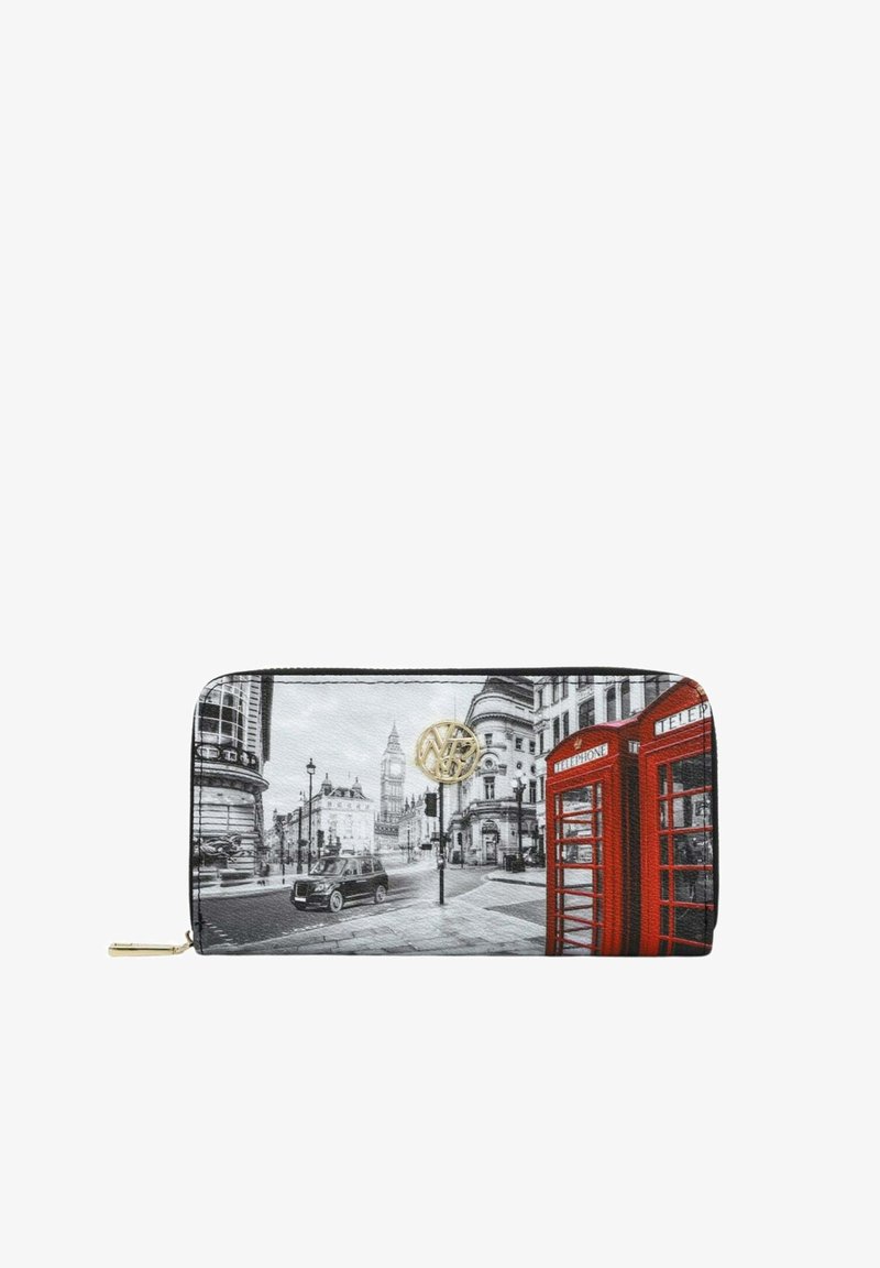 Portafoglio nero con design della città di Londra in bianco e nero, con cabine telefoniche rosse e un accento di logo dorato. Chiusura con zip.