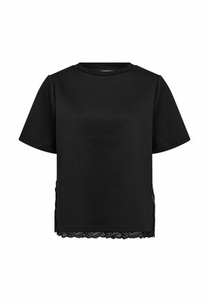 Czarny, krótkorękawowy t-shirt wykonany z bawełny, z okrągłym dekoltem i koronkową lamówką po bokach, cechujący się luźnym krojem i gładką teksturą.