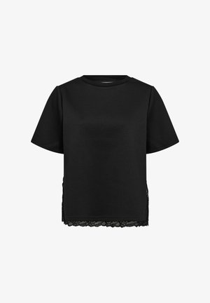 Czarny, krótkorękawowy t-shirt wykonany z bawełny, z okrągłym dekoltem i koronkową lamówką po bokach, cechujący się luźnym krojem i gładką teksturą.