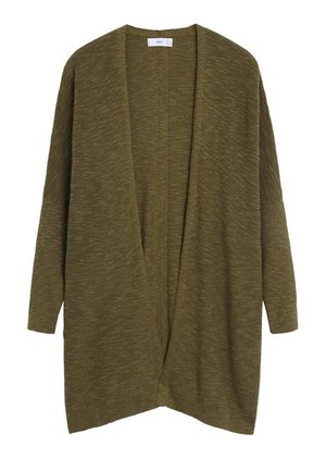 Lang olivengrøn strikket cardigan med åben front og lange ærmer, vist fladt mod en hvid baggrund.