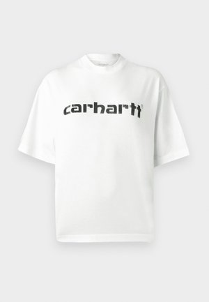 Balti medvilniniai marškinėliai su apvalia iškirpte ir trumpomis rankovėmis. Ant krūtinės juodu spaudu užrašytas „carhartt“ logotipas. Paprastas dizainas, laisvas siluetas.