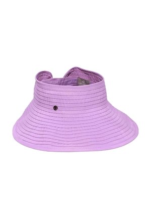 Lavender fabric sun visor with wide, curved brim and stitched horizontal lines, featuring a small round metal logo on the front.