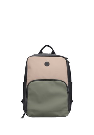 Backpack made of smooth fabric; features beige, black, and green sections; includes a front zip pocket and top handle for carrying.