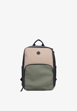 Backpack made of smooth fabric; features beige, black, and green sections; includes a front zip pocket and top handle for carrying.