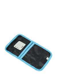 Blue fabric wallet with a black interior, featuring two clear ID slots and a closure snap, designed for organizing cards and documents.