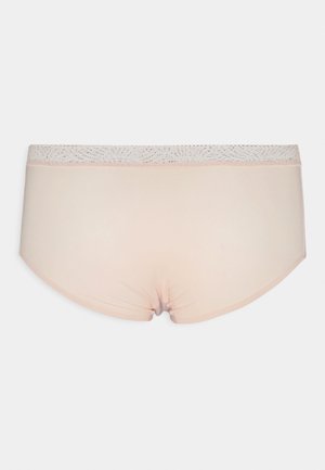 Beige hipsterundertøy med blondestrikk i livet. Glatt stoff, elastisk bånd, rund bak og sømløst design for komfort.