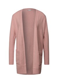 Cardigan rose clair en tissu doux. Design sans fermeture à l'avant avec deux poches avant. Détails texturés avec des poignets et un ourlet côtelés.
