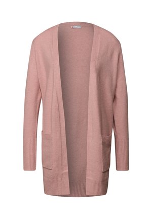 Cardigan rose clair en tissu doux. Design sans fermeture à l'avant avec deux poches avant. Détails texturés avec des poignets et un ourlet côtelés.