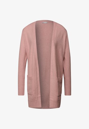 Helles rosa Cardigan aus weichem Stoff. Offenes Frontdesign mit zwei Fronttaschen. Gerippte Manschetten und Saum mit Texturdetails.