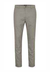 Lichtgrijze op maat gemaakte broek met een gladde textuur, vlakke voorkant, twee zijzakken en een enkele knoopsluiting. Slim fit ontwerp.