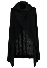 Svart stickad sjal med draperad front, öppen rygg och ribbad nederkant. Har en intrikat textur och lager-på-lager, asymmetrisk design.