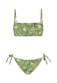 Žalias gėlių rašto bikini rinkinys, kuriame yra bandeau tipo viršus su plonomis petnešėlėmis ir šonu susirišančios kelnaitės. Pagamintas iš lygaus, tampraus audinio.