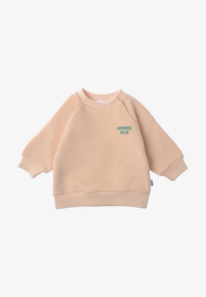 Beige sweatshirt with raglan sleeves, ribbed cuffs and hem, featuring "AMORE MIO" in turquoise. Made from soft fabric, designed for comfort.