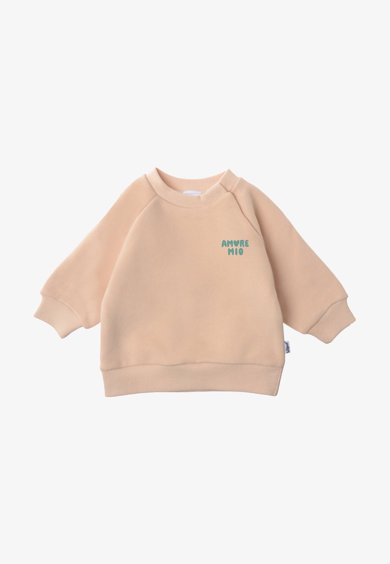 Beige Sweatshirt mit Raglanärmeln, gerippten Bündchen und Saum, mit der Aufschrift "AMORE MIO" in Türkis. Aus weichem Stoff gefertigt, für hohen Tragekomfort konzipiert.