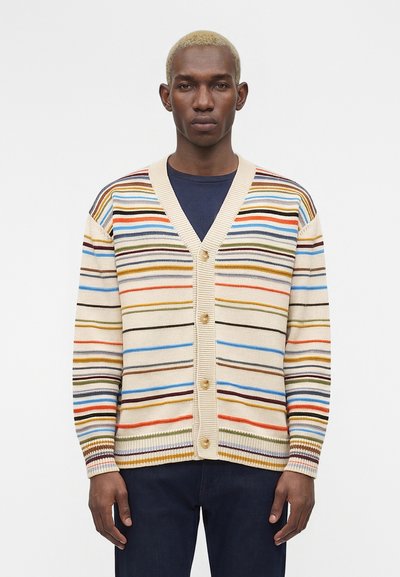 Jeune homme aux cheveux blonds courts portant un cardigan crème avec des rayures horizontales multicolores et un pantalon foncé, debout devant un fond blanc.