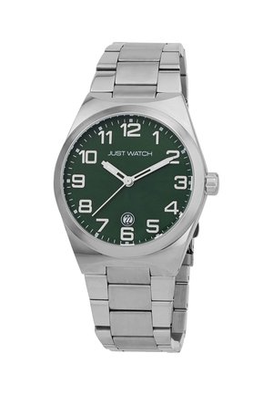 Silver stainless steel watch with a green dial, Arabic numeral markers, and a date display. Features a bracelet-style band and a smooth bezel.