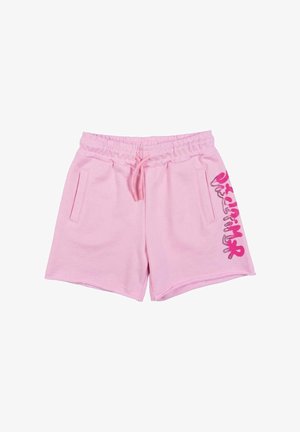 Shorts rosa con vita elastica, tasche frontali e coulisse rosa, con testo decorativo rosa e nero sulla gamba destra.