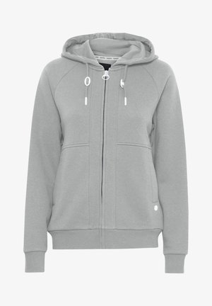 Grå zip-up hoodie i blødt stof med raglanærmer, to forreste lommer og hætte med snørelukning. Ribbet manchetter og kant.